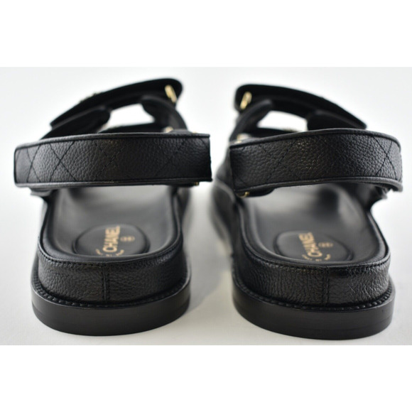 Chanel REV Black Caviar Gold CC Logo Mule Slide Strap Flat Teva Dad Sandal 36.5 - Picture 11 of 12